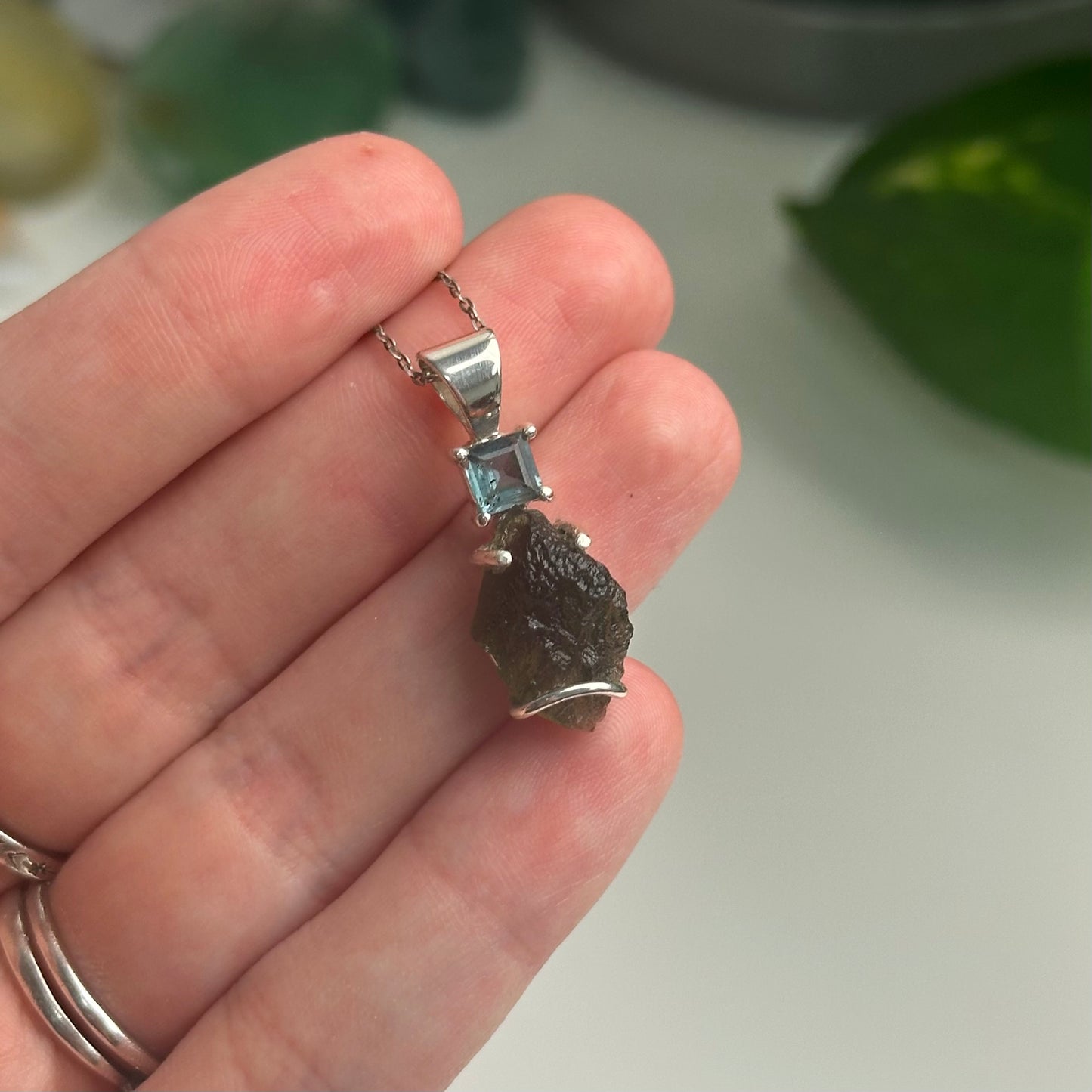 Green Kyanite And Moldavite Pendant Style E