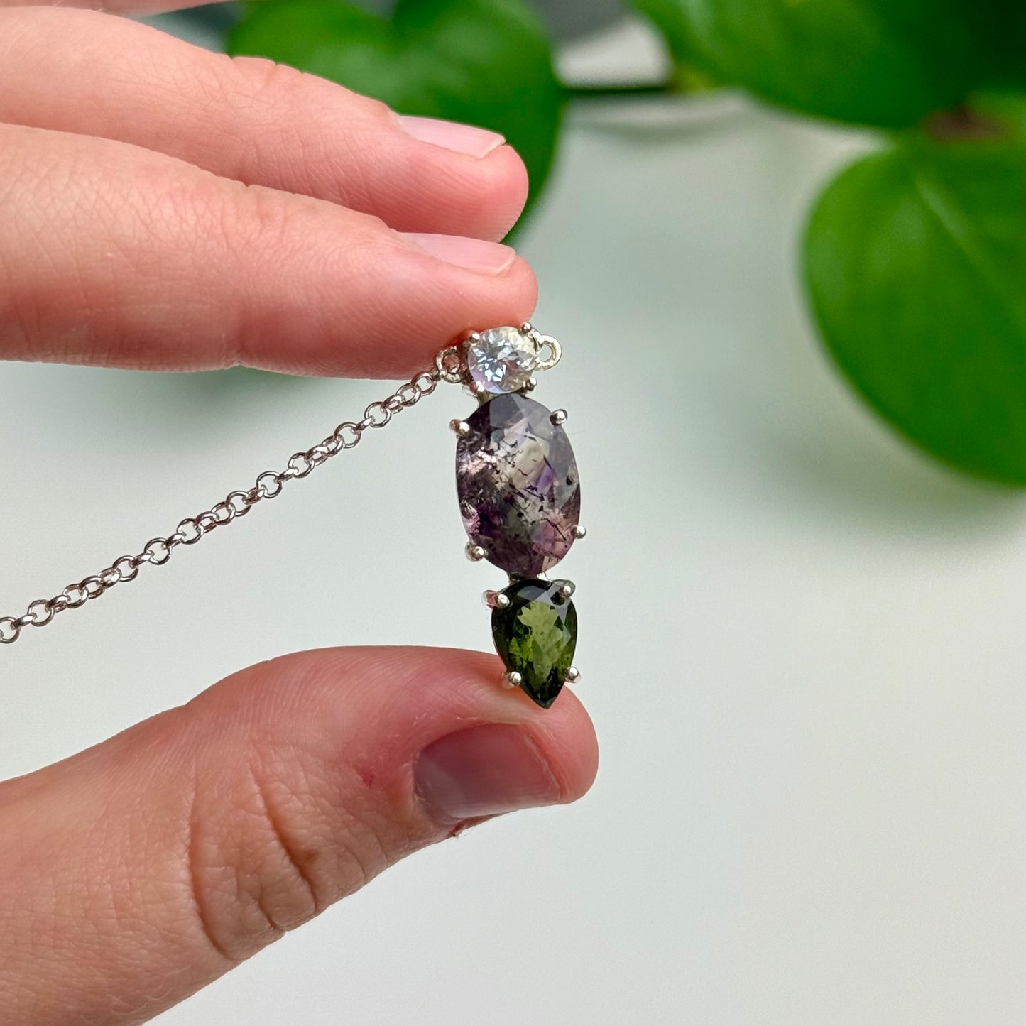 Moldavite, Super 7 Amethyst & Madagascar Moonstone Pendant—3.23 Grams
