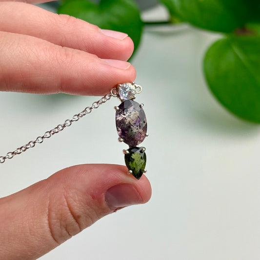 Moldavite, Super 7 Amethyst & Madagascar Moonstone Pendant—3.23 Grams
