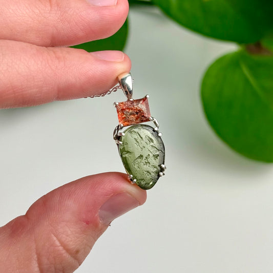 Polished Moldavite & Sunstone Pendant—3.16 Grams