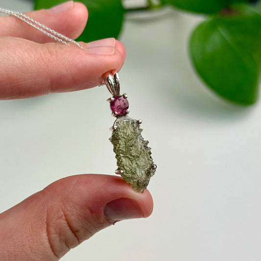 Moldavite & Pink Tourmaline Pendant—2.83 Grams
