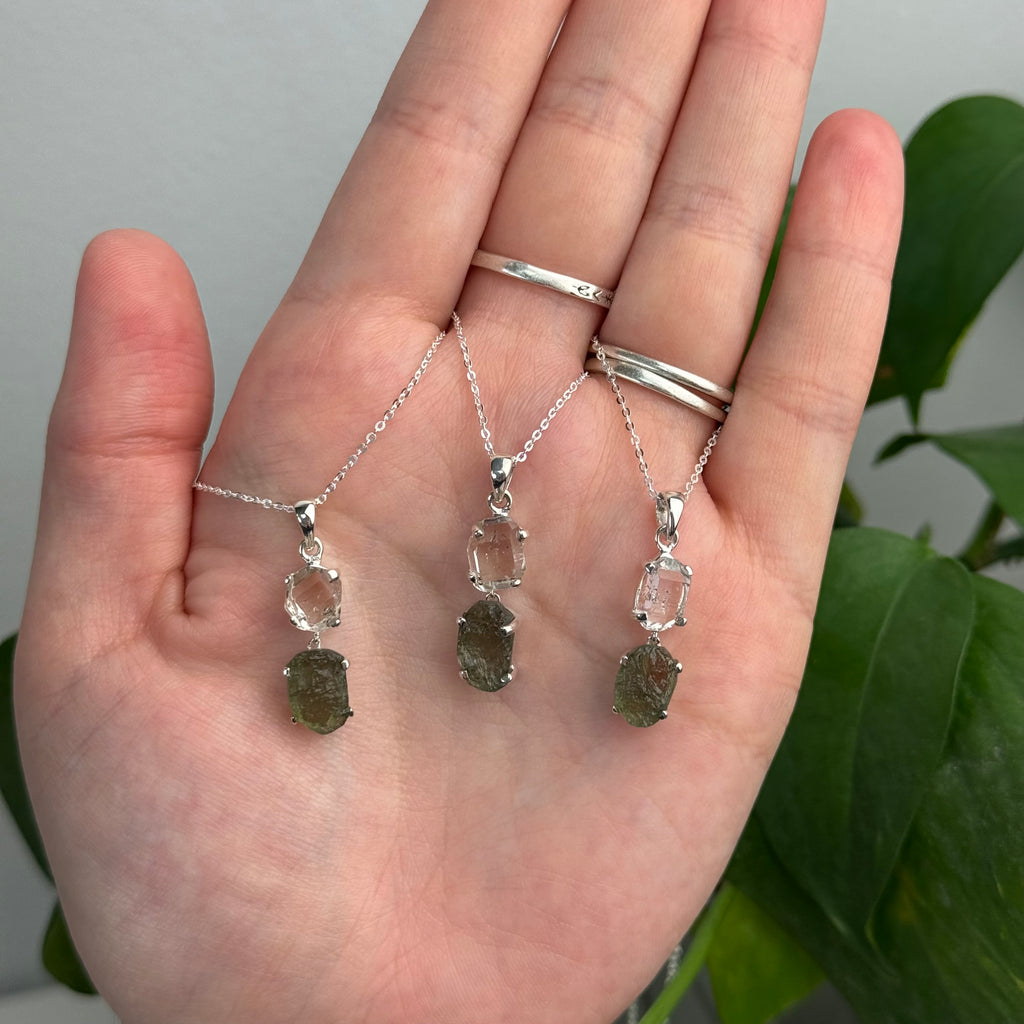 Moldavite and Herkimer Diamond Pendant
