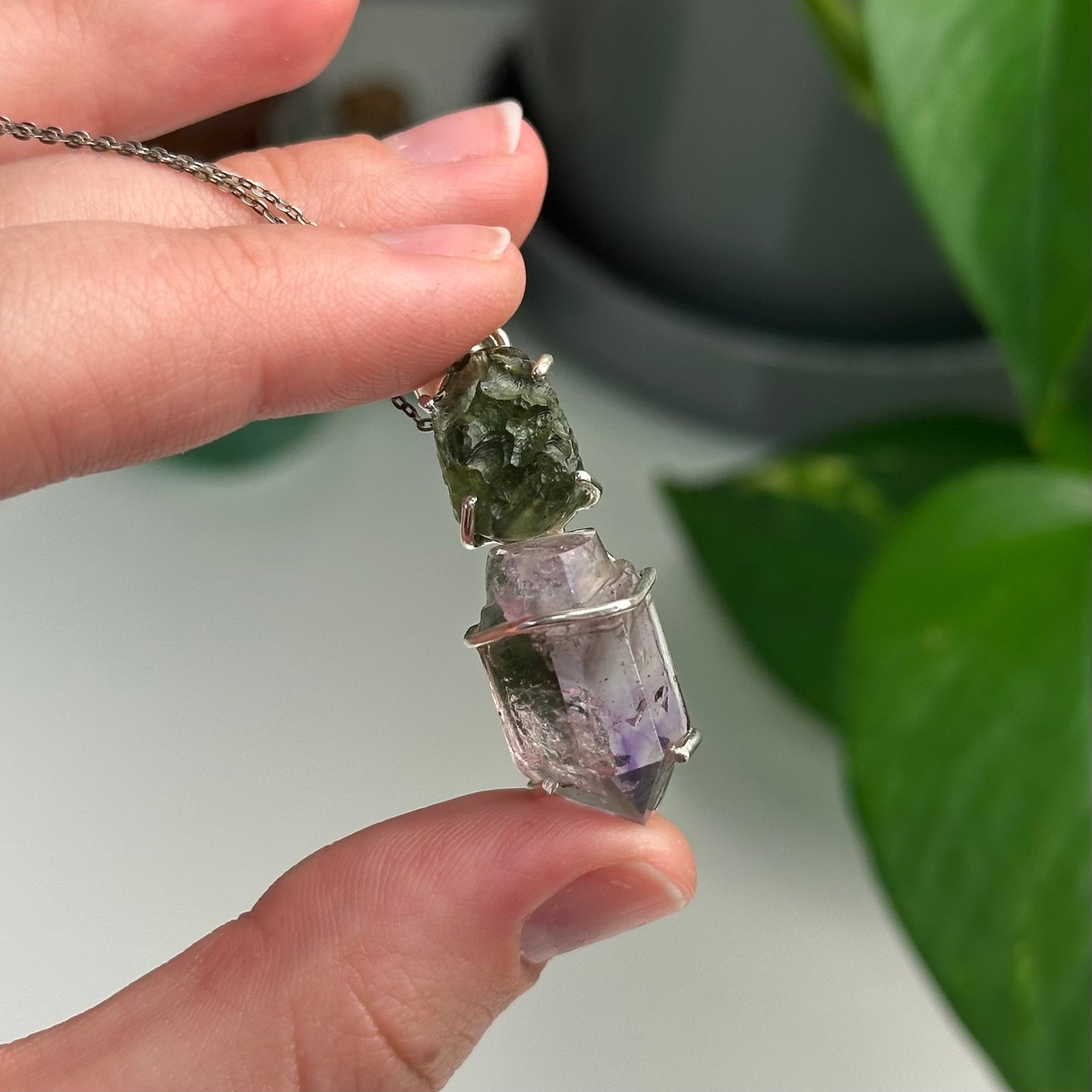 Amethyst And Moldavite Pendant