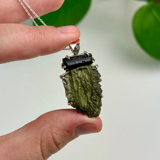 Moldavite & Tourmaline Pendant—7.60 Grams