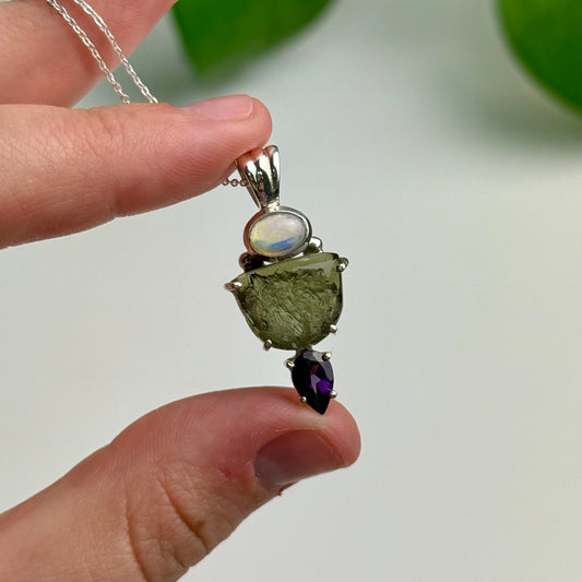 Moldavite, Amethyst & Opal Pendant—4.05 Grams