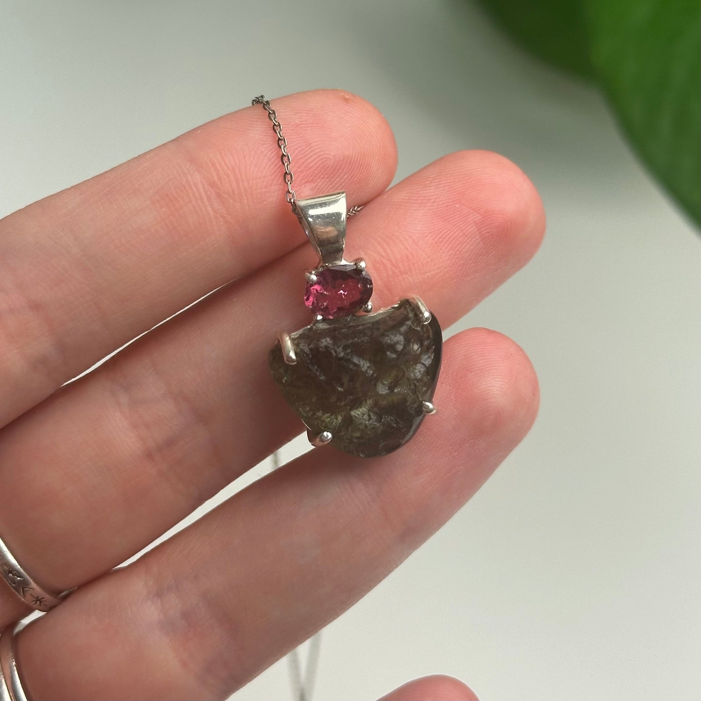 Pink Tourmaline And Moldavite Pendant Style A