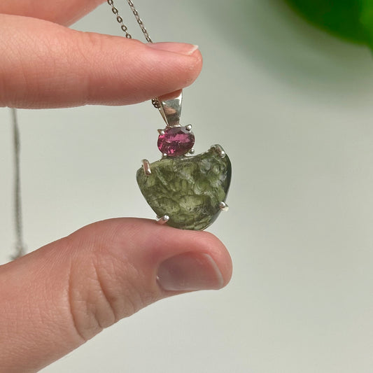 Pink Tourmaline And Moldavite Pendant Style A