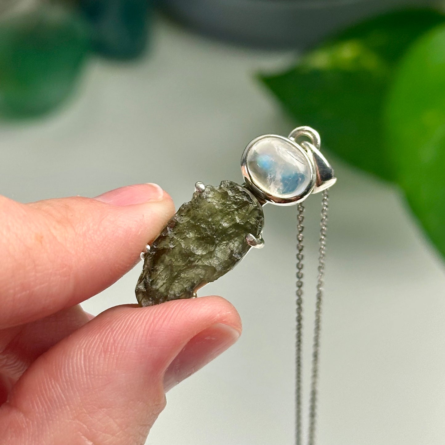 Rainbow Moonstone And Moldavite Pendant Style A