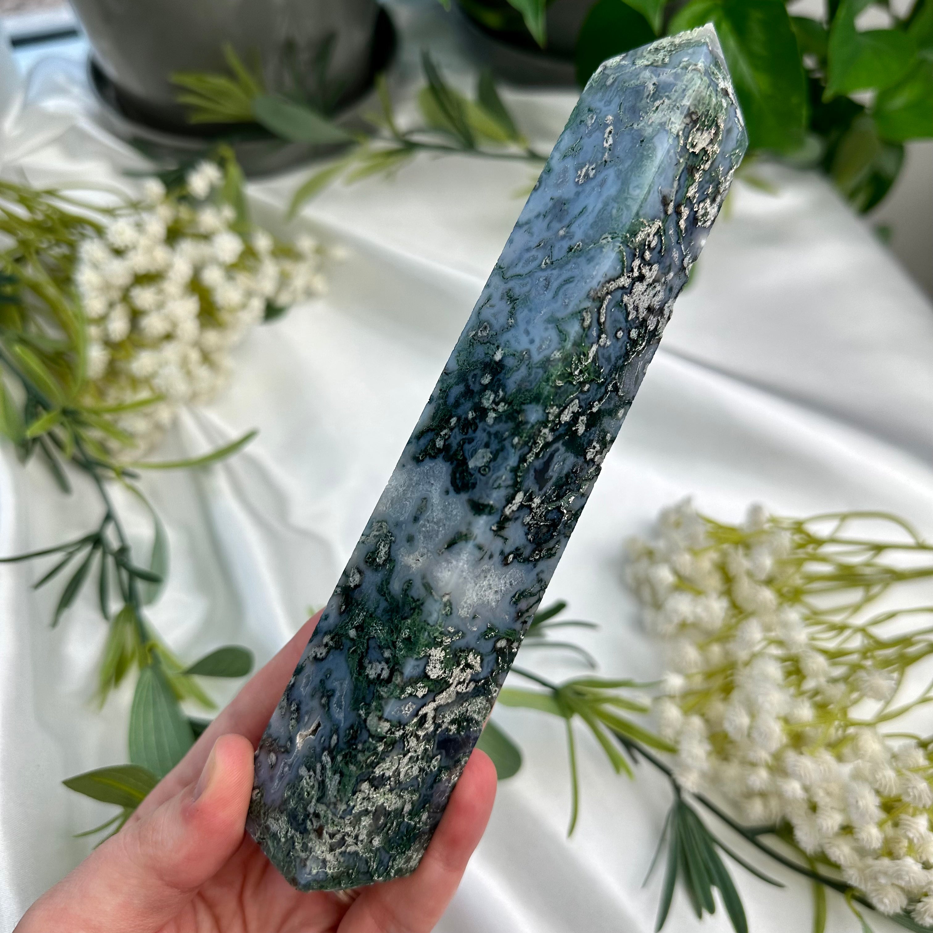 Blue Moss Agate Tower – Eden's Crystal Garden