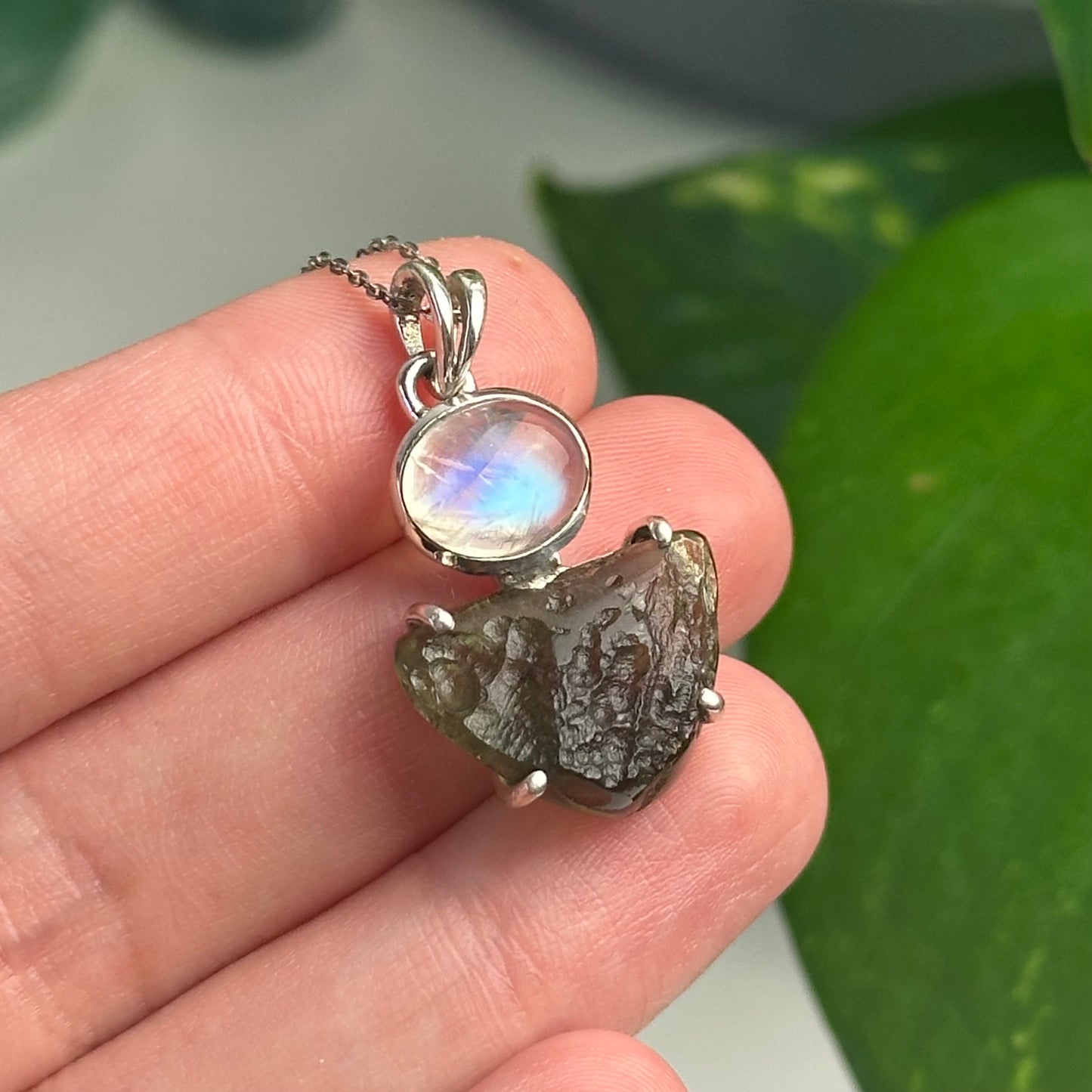 Rainbow Moonstone And Moldavite Pendant Style G