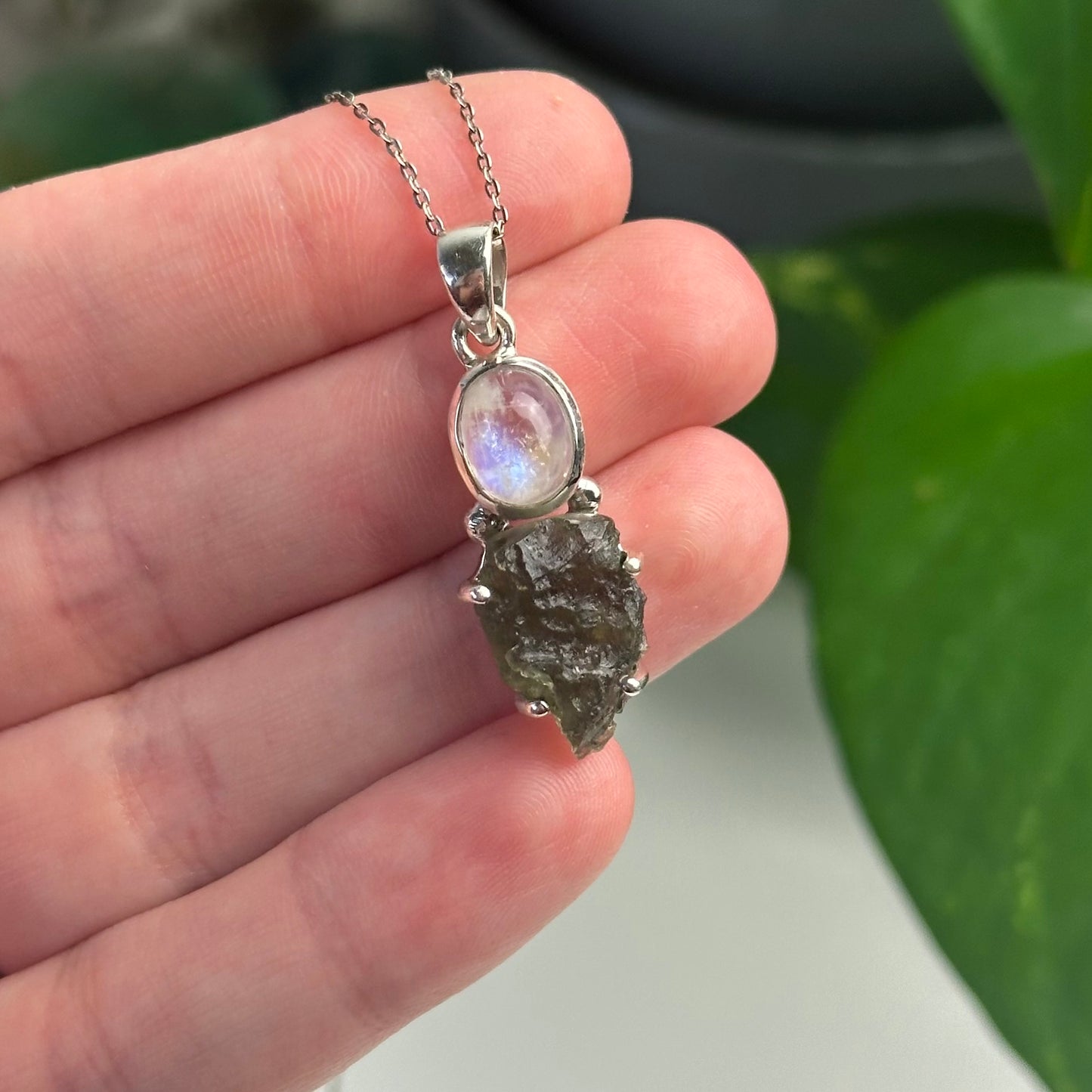 Rainbow Moonstone And Moldavite Pendant Style F