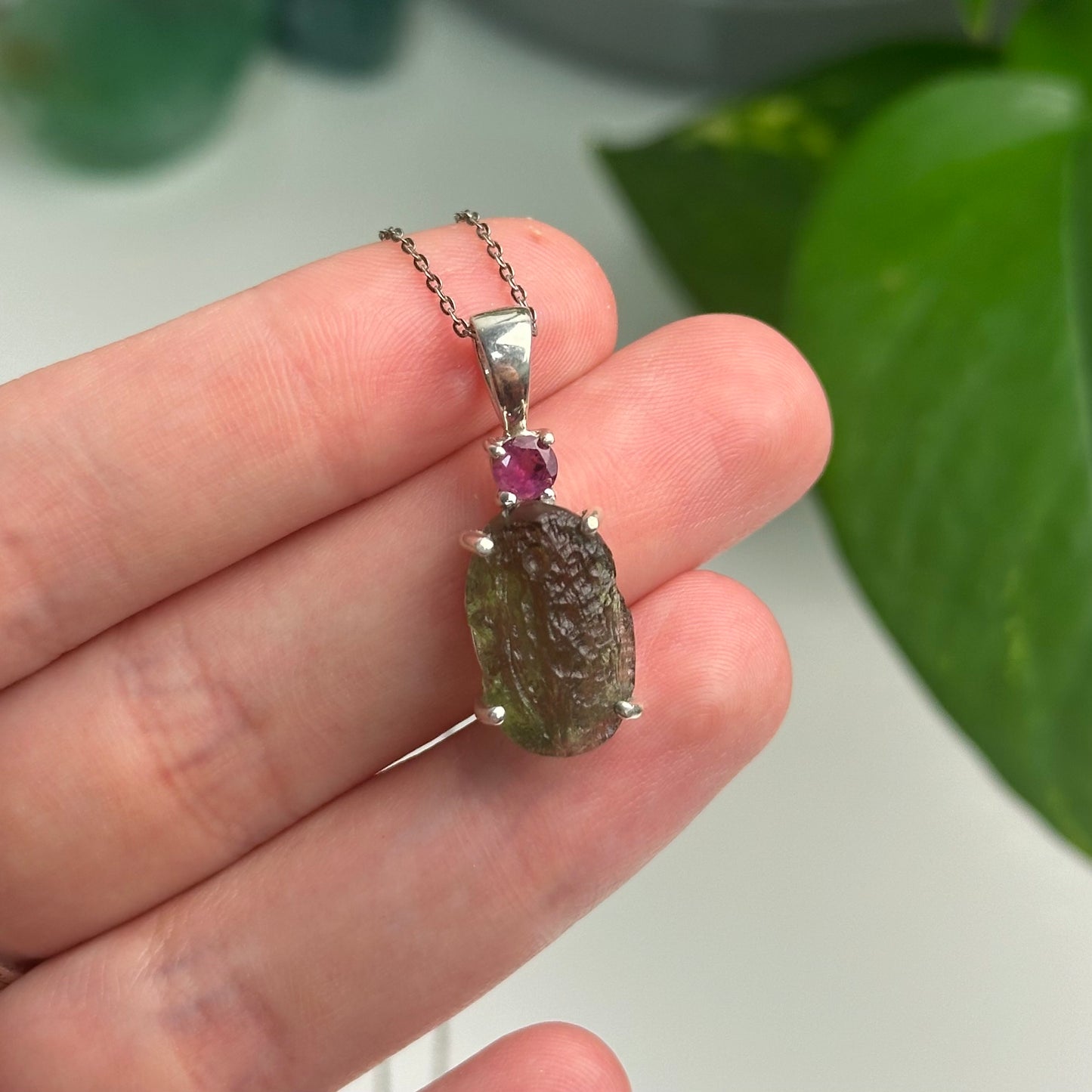 Pink Tourmaline And Moldavite Pendant Style B