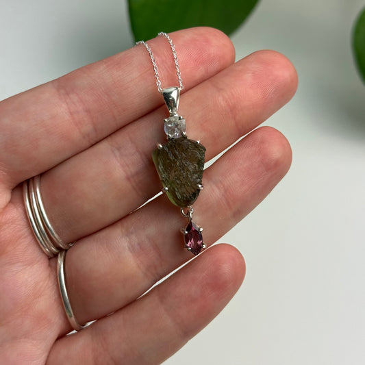 Moldavite, Madagascar Moonstone & Garnet Pendant—3.37 Grams