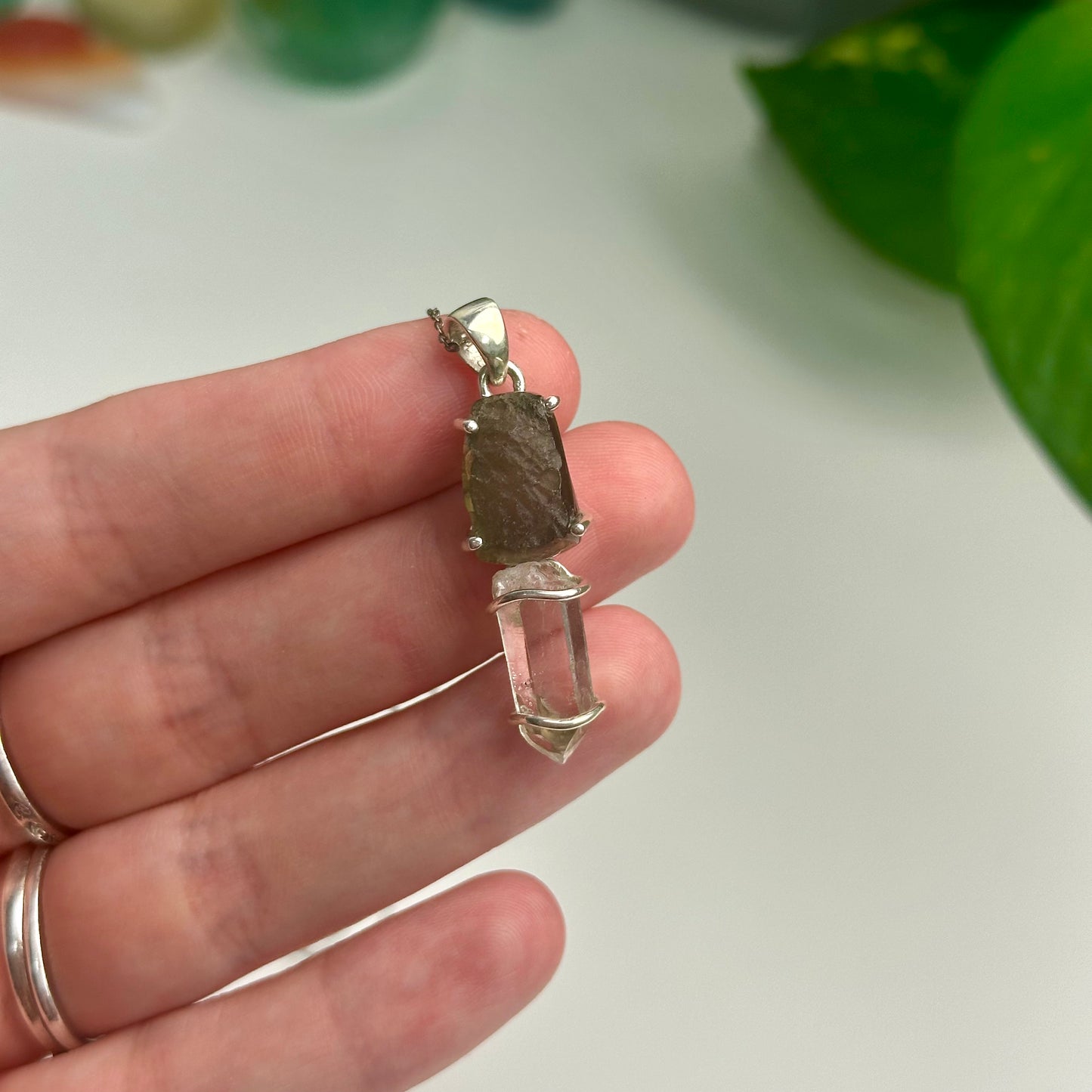 Clear Quartz And Moldavite Pendant