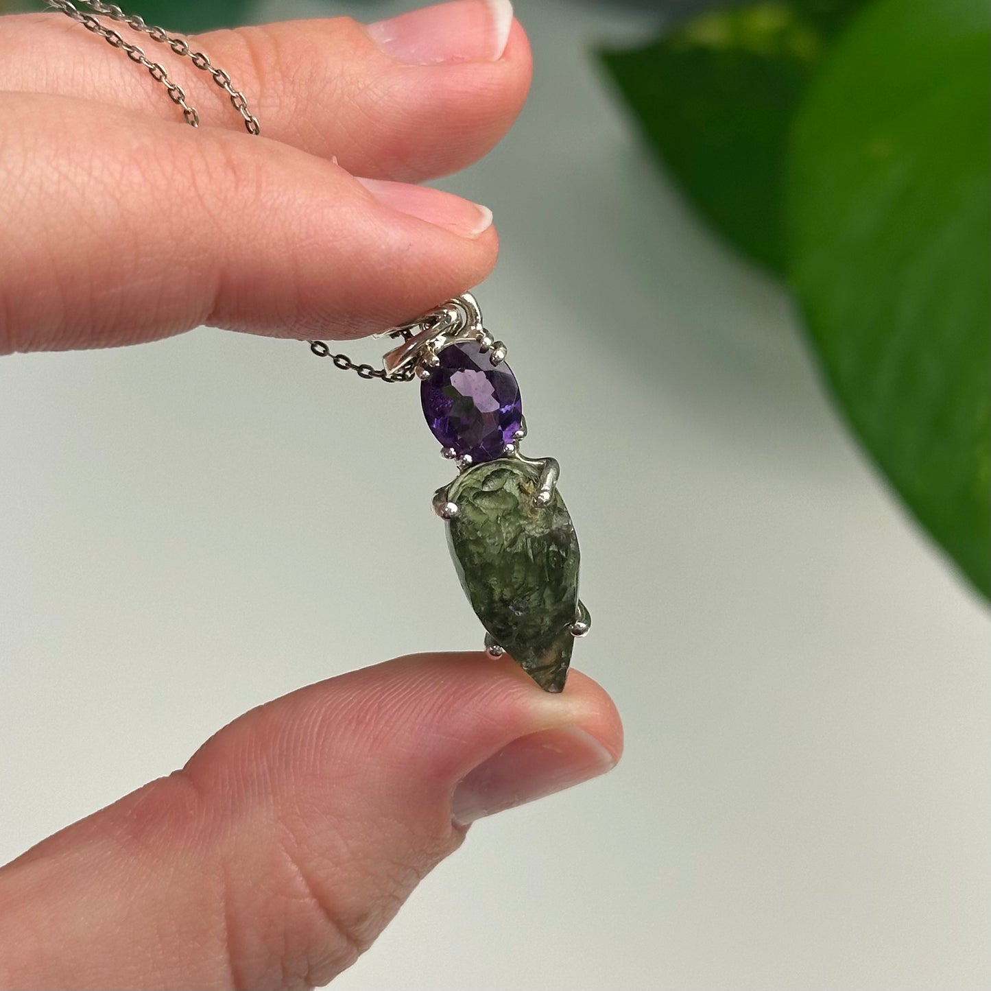 Faceted Amethyst And Moldavite Pendant