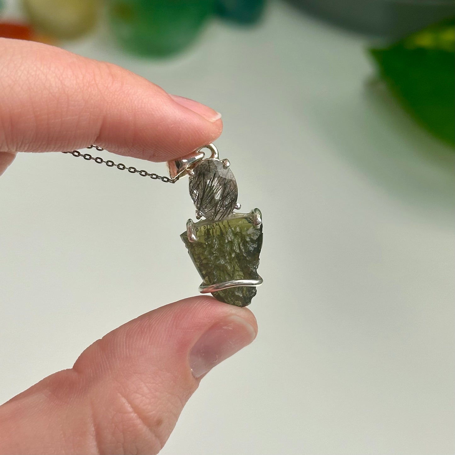 Tourmaline & Quartz And Moldavite Pendant