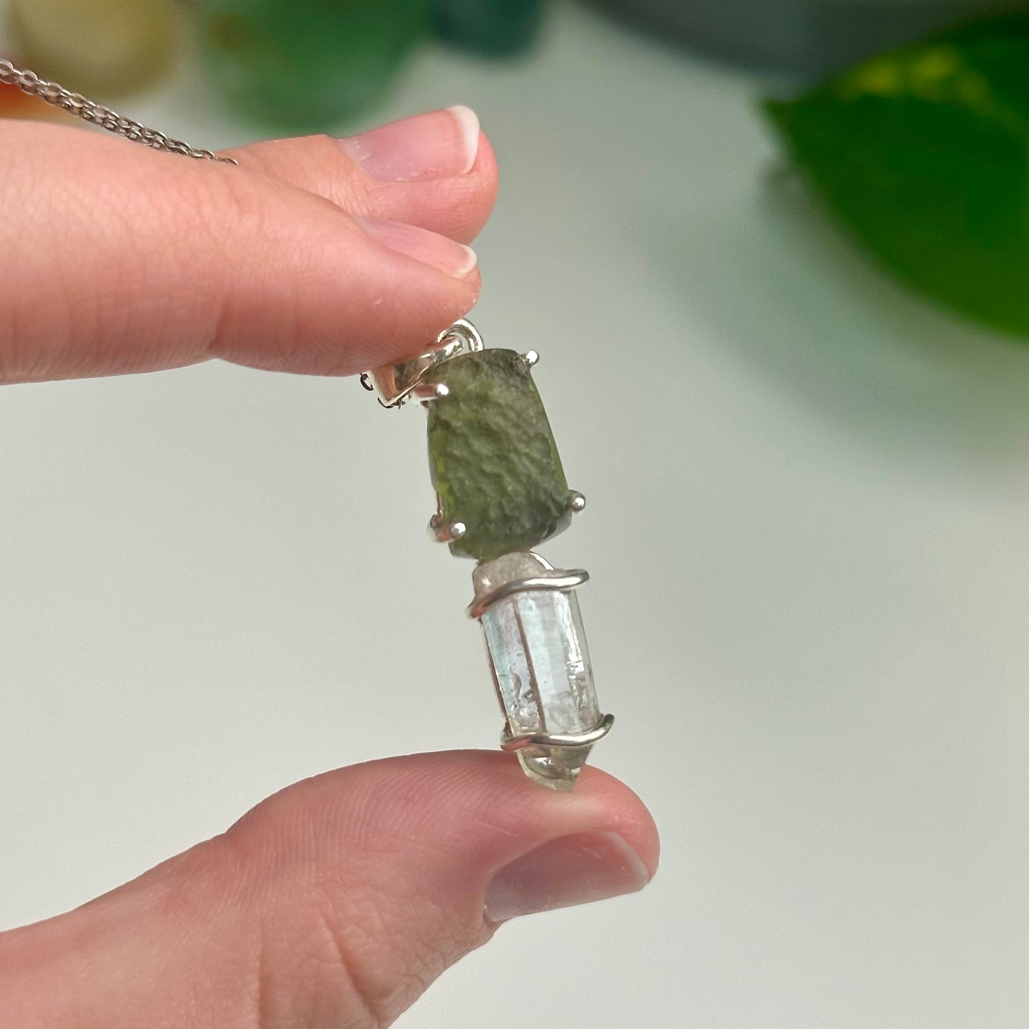 Clear Quartz And Moldavite Pendant