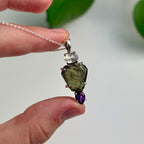 Moldavite, Madagascar Moonstone & Amethyst Pendant—3.42 Grams