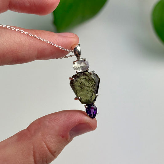 Moldavite, Madagascar Moonstone & Amethyst Pendant—3.42 Grams