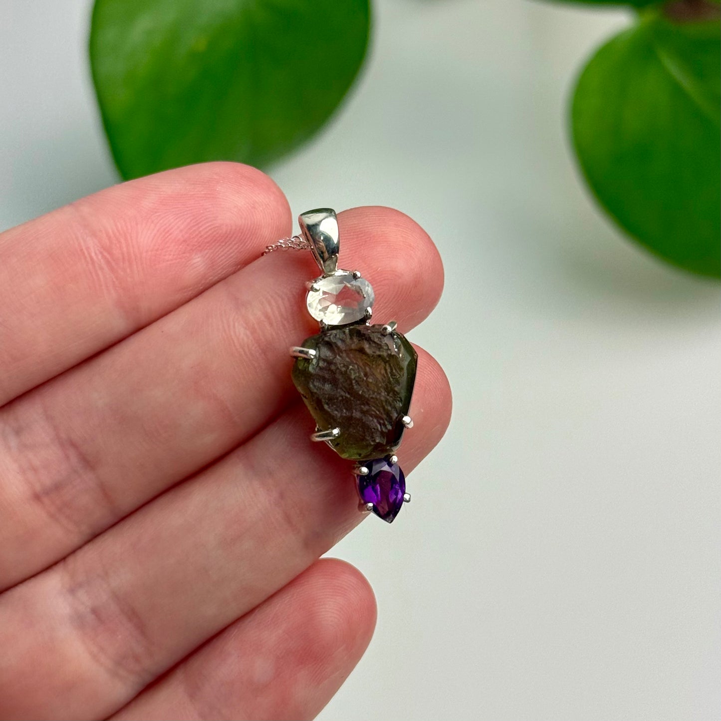 Moldavite, Madagascar Moonstone & Amethyst Pendant—3.42 Grams