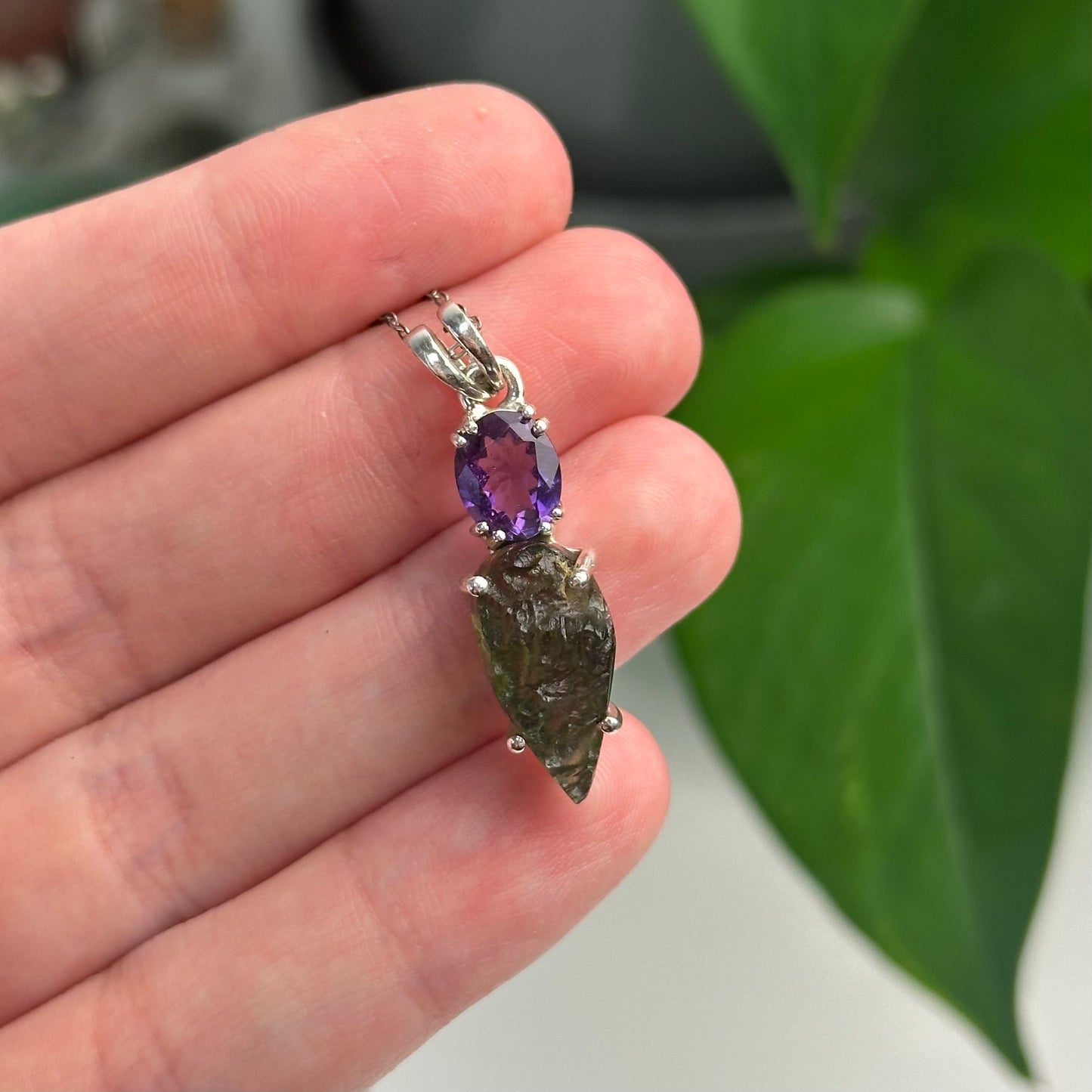 Faceted Amethyst And Moldavite Pendant