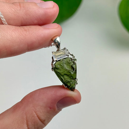 Moldavite & Moonstone Pendant—3.92 Grams