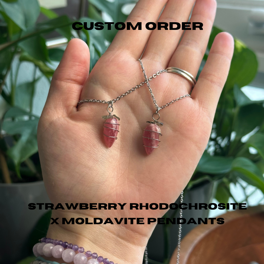 Strawberry Rhodochrosite x Moldavite Pendant Custom Order